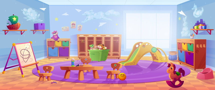 Kindergarten, nursery playroom with table, chairs, lockers, slide and toys box. Vector cartoon illustration of daycare center interior with easel for drawing, shelves, baby potty and closets