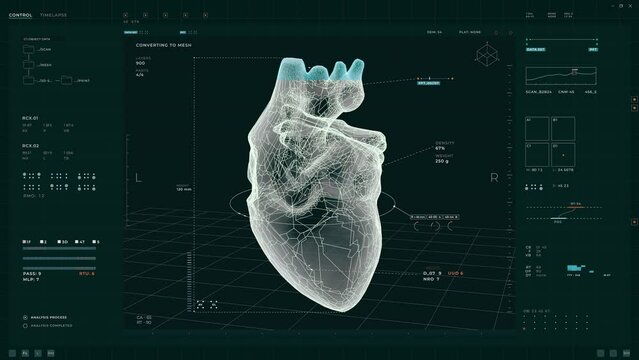 Modern printing device is analyzing the heart projection. 3D printing device creates the virtual human heart. Modern device is printing the heart organ for medical transplantation. UI. Technology