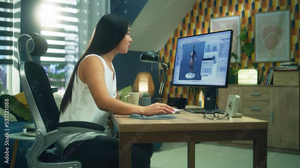 Poster asian woman working remotely on pc at home and designing clothes in program for 3d modeling and visu