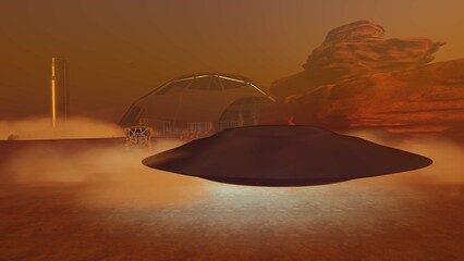 Fototapeta na wymiar Alien encounter on Mars. Realistic 3D illustration showing martian landscape