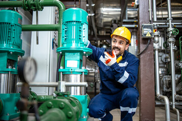 Portrait of maintenance engineer worker doing quick inspection of production in heating plant.