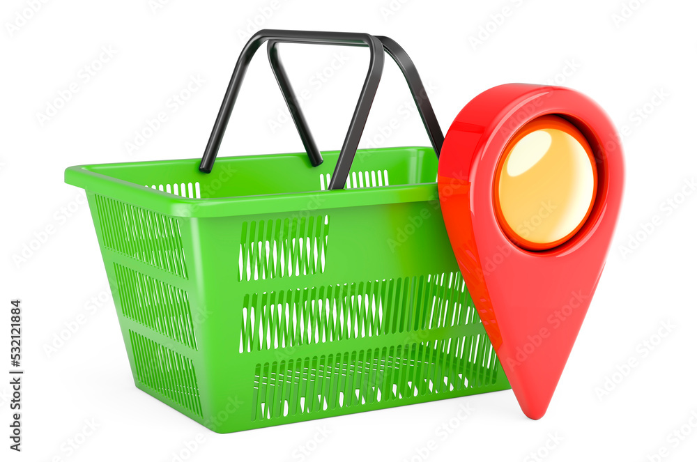 Poster shopping basket with map pointer. shopping location concept, 3d rendering