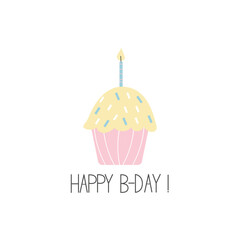 Stylish Cute birthday card with cupcake and candle. Happy Birthday card in pink colors. Birthday greeting card design.