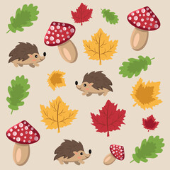 Obraz premium Autumn pattern with hedgehog, leaves and mushrooms