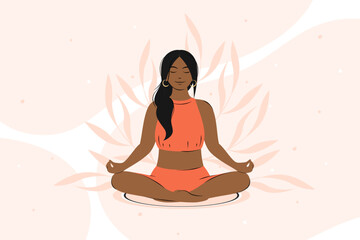 Fototapeta na wymiar Woman with dark skin and hair meditating, practicing yoga. Vector illustration.