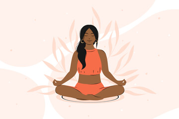 Woman with dark skin and hair meditating, practicing yoga. Vector illustration.