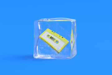 Audio cassette in ice cube. 3d illustration