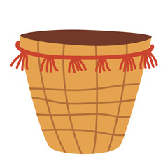 Wicker basket in boho style. Decor for home, interior, decorations and Christmas. Hand drawn illustration isolated on the white background