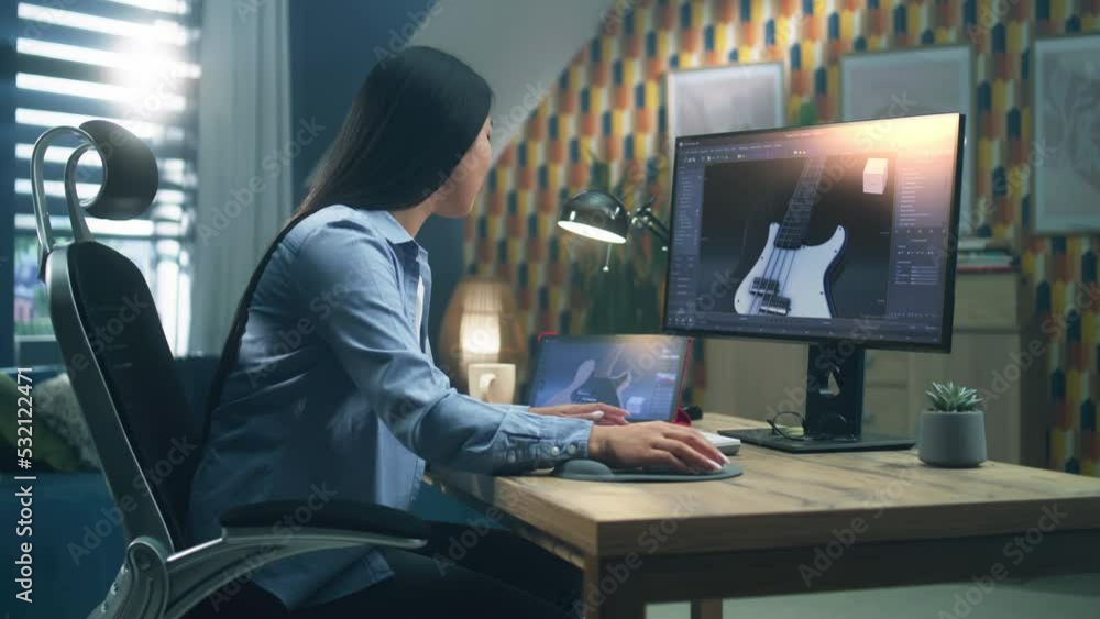 Aufkleber female asian 3d designer creating 3d model of electric guitar and making graphic, using software for