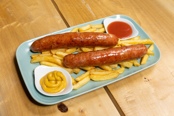 Grilled sausages served with french fries with dips on a plate
