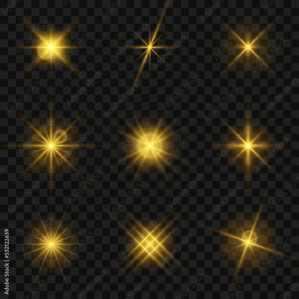 Fototapete glowing star light effect collection. light effect of sparkling stars and bright flashes. golden spa