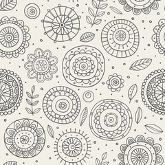 Abstract floral seamless pattern on white background. Simple, folk and stylized line flowers. Vector illustration. Nature floral repeated background for fabric design.