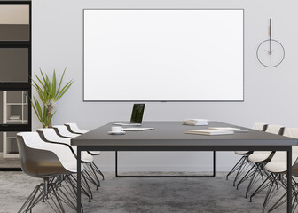 Conference room with blank, empty TV screen. Monitor mock up. Business meeting room with LCD screen for presentation, advertising. Modern, contemporary office. Free, copy space, template. 3d rendering