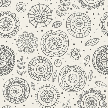 Abstract floral seamless pattern on white background. Simple, folk and stylized line flowers. Vector illustration. Nature floral repeated background for fabric design.