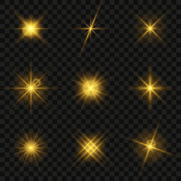 Glowing star light effect collection. Light effect of sparkling stars and bright flashes. Golden sparkles and particles with glowing light. Golden flickers isolated on transparent background. Vector