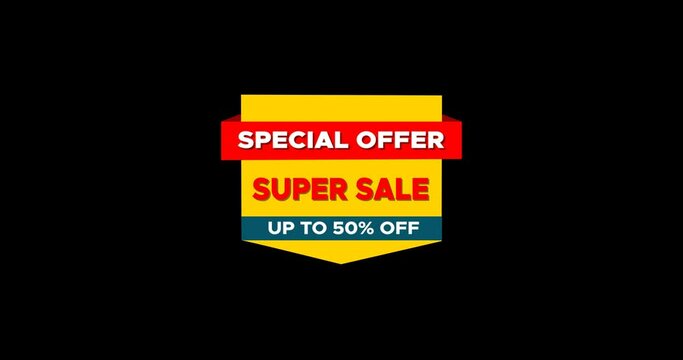 Special offer super sale, up to 50% OFF sticker animation. Price discount campaign. The big sale online shopping. Motion Graphic on the black background alpha channel.