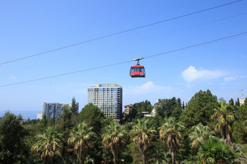 the fanicular of the cable car rides over modern buildings and green trees
