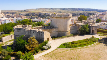 Aerial view of Castello Tramontano, a 16th century fortification in Aragonese style in Matera,...