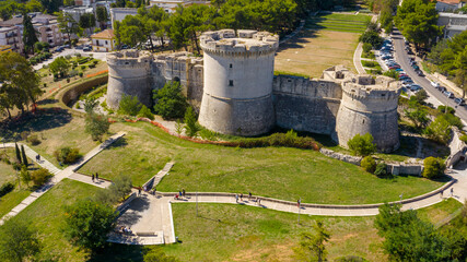Aerial view of Castello Tramontano, a 16th century fortification in Aragonese style in Matera,...
