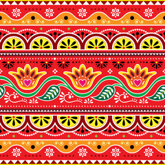 Indian and Pakistani truck art vector seamless pattern design with flowers and leaves in red and yellow
 - obrazy, fototapety, plakaty