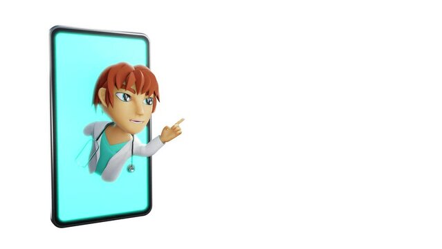 3D render of animated doctor model in mobile phone white background, black background and green background