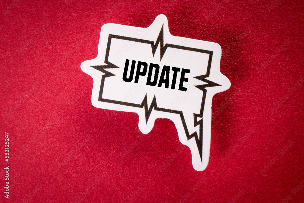 Wall mural update. text and speech bubble on red background