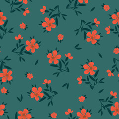 Simple vintage pattern. bright orange flowers. dark green leaves. green background. Fashionable print for textiles and wallpaper.