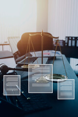 Justice and law concept.Male judge in a courtroom with the gavel, working with, computer and...