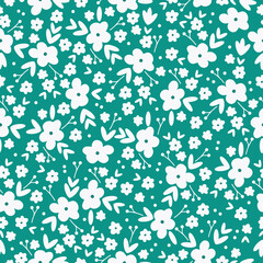 Fototapeta na wymiar Simple vintage pattern. white flowers, leaves and dots. green background. Fashionable print for textiles and wallpaper.