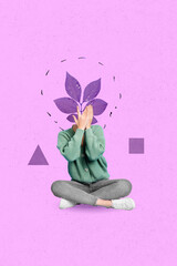 Vertical collage image of person sitting crossed legs arms cover plant leaves instead head isolated...