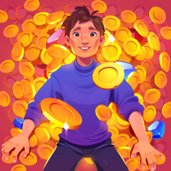 Lottery winner lying on bunch of golden coins top view. Happy lucky man win jackpot in gambling game or casino, swim in money and gemstones, concept of success, dream, Cartoon vector illustration