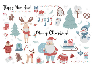 Collection Christmas, cute cartoon characters Santa Claus, snowman and funny animals deer and chipmunk, tree, socks, sleigh with gifts and Christmas sweater with gingerbread. Vector isolated elements.