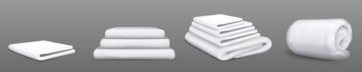 White towels, isolated terrycloth, home textile rolled, folded and stacked in piles. Realistic clean bathroom domestic or hotel stuff for hygiene and shower procedures, terry 3d vector illustration