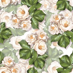 Seamless pattern with white rose flowers leaves. Floral background for wallpaper or fabric.