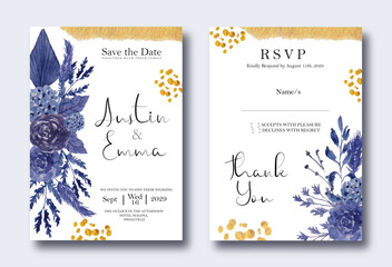 wedding invitation template with blue dried flower watercolor design