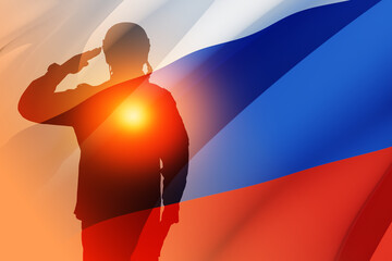 Silhouette of Russian soldier in uniforms on background of the Russian flag. Military recruitment...