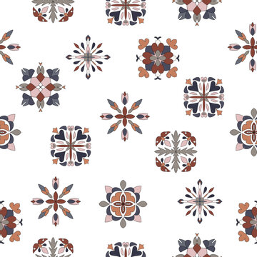 Seamless Pattern azulejo floor tiles. Abstract geometric background. Vector illustration, seamless mediterranean pattern. Portuguese floor cement tiles design. Colored tiles stensil
