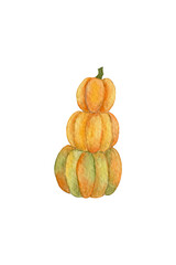 Ripe orange watercolor pumpkin isolated on white background. Watercolor clip art pumpkin. Thanksgiving design. Autumn vegetable.