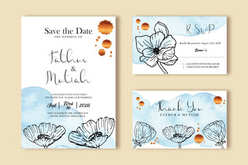 Cute Blue Watercolor Stain with Flower Sketch Wedding Invitation Template Design