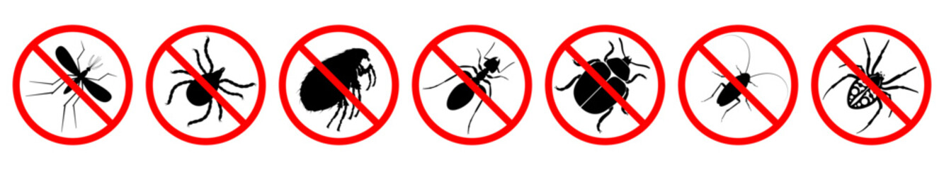 Insect ban signs set. Pest is forbidden. Prohibition of various parasitic insects. Red STOP sign. Vector illustration. © chekman