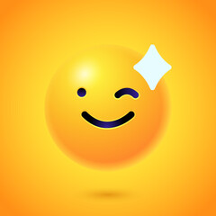 Round 3d Emoticon. Yellow Emoji face emoticon smile, digital smiley expression emotion feelings, chat cartoon emotes. Vector illustration icon on yellow background