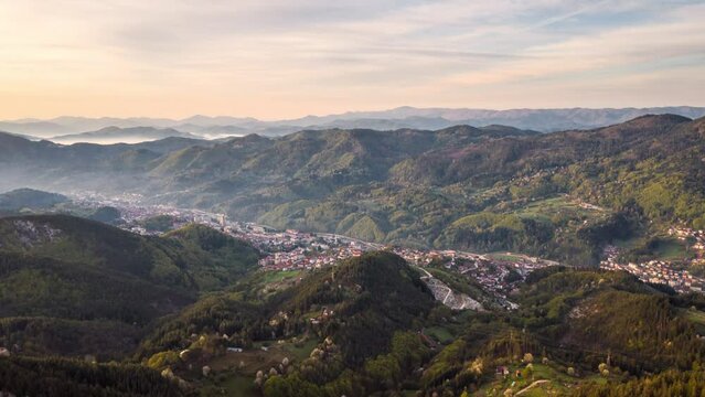Time lapse video at sunrise above the picturesque mountain town of Smolyan in Rhodopi Mountains, Bulgaria.
