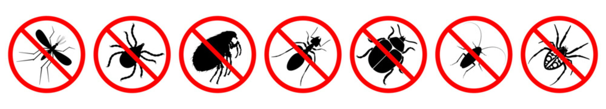 Insect ban signs set. Pest is forbidden. Prohibition of various parasitic insects. Red STOP sign. Vector illustration.