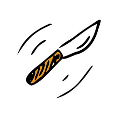 Kitchen knife hand drawn doodle icon black isolated on white, wooden handle knife