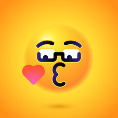 Round 3d Emoticon. Yellow Emoji face emoticon smile, digital smiley expression emotion feelings, chat cartoon emotes. Vector illustration icon on yellow background