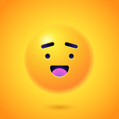 Round 3d Emoticon. Yellow Emoji face emoticon smile, digital smiley expression emotion feelings, chat cartoon emotes. Vector illustration icon on yellow background