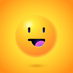 Round 3d Emoticon. Yellow Emoji face emoticon smile, digital smiley expression emotion feelings, chat cartoon emotes. Vector illustration icon on yellow background