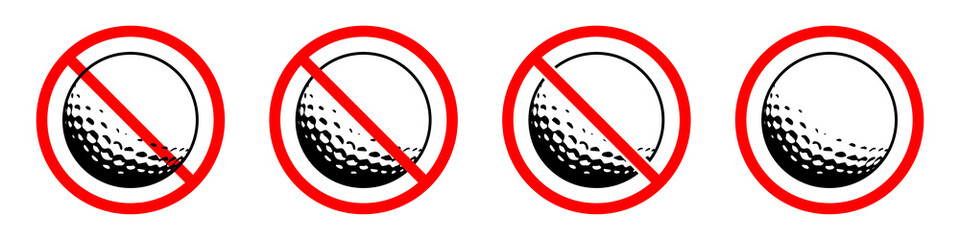 No golf ball sign. Golf ball is forbidden. Set of prohibition signs of golf ball. Red prohibition sign. Vector illustration