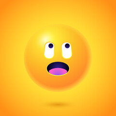 Round 3d Emoticon. Yellow Emoji face emoticon smile, digital smiley expression emotion feelings, chat cartoon emotes. Vector illustration icon on yellow background
