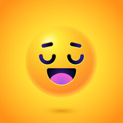 Round 3d Emoticon. Yellow Emoji face emoticon smile, digital smiley expression emotion feelings, chat cartoon emotes. Vector illustration icon on yellow background